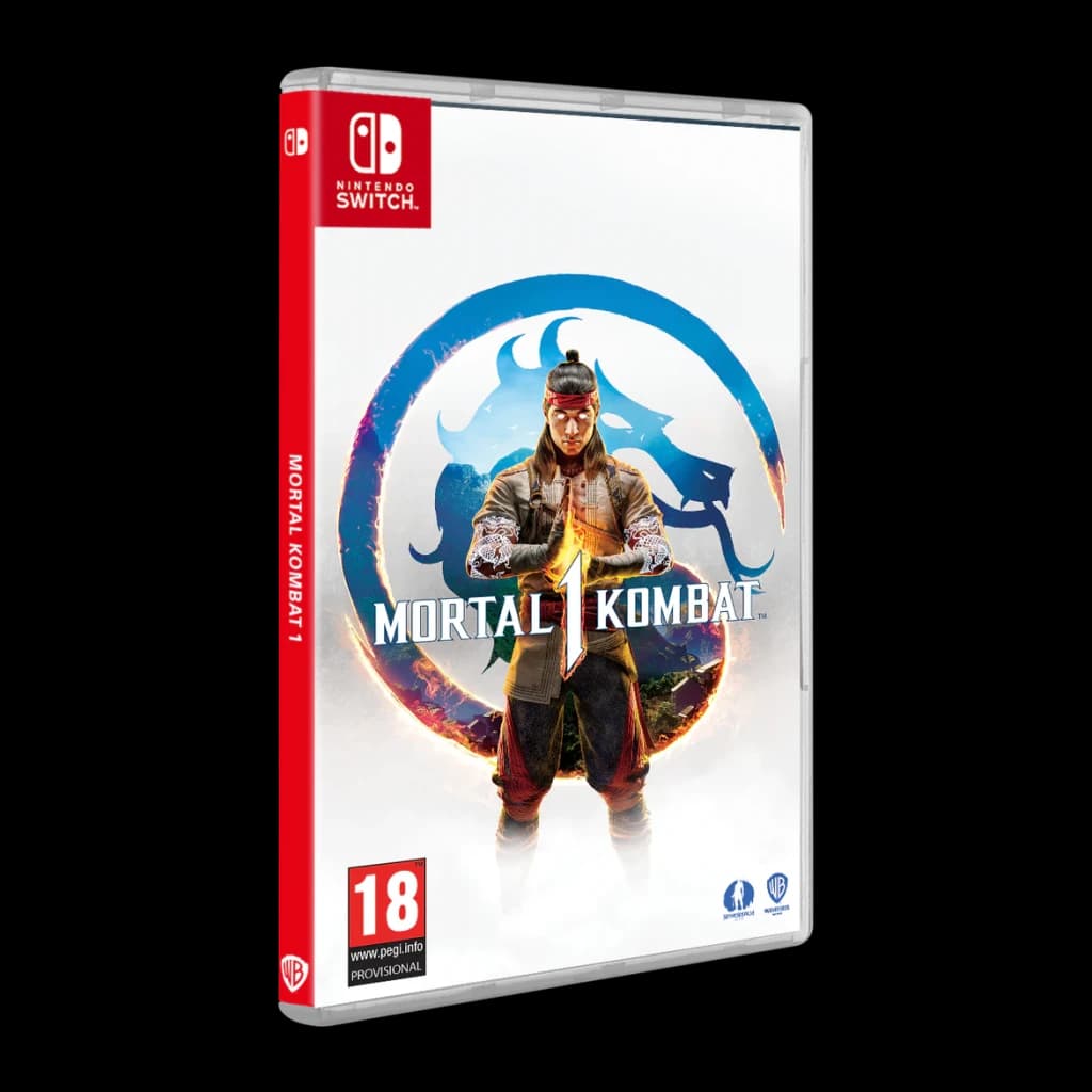 Jogo da Warner Games «Mortal Kombat 1» para a Nintendo Switch, detalhe: capa frontal com Liu Kang e logótipo dragão, lombada