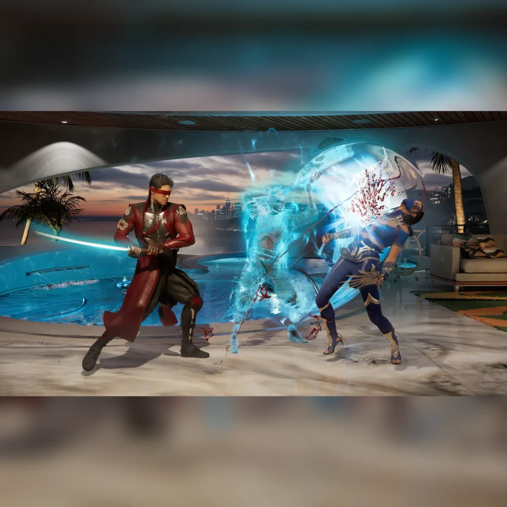 Jogo da Warner Games «Mortal Kombat 1» para a Nintendo Switch, em uso: combate com lutadores e efeito de gelo em cenário