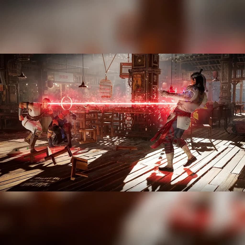 Jogo da Warner Games «Mortal Kombat 1» para a Nintendo Switch em uso: raio vermelho entre dois lutadores em taverna oriental