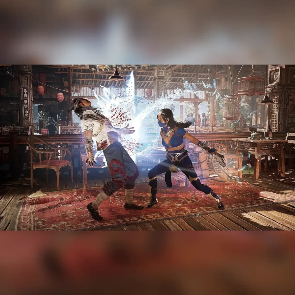 Jogo da Warner Games «Mortal Kombat 1» para a Nintendo Switch, em uso: duas personagens em combate com explosão de energia