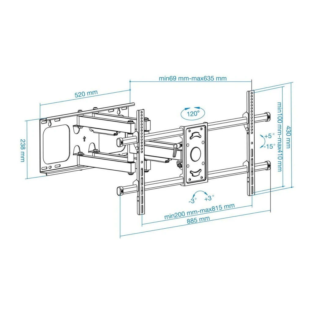 Support TV TooQ Noir Mural Orientable et Inclinable 43 pouces-90 pouces LP3790TN-B, schéma technique: extension 885mm