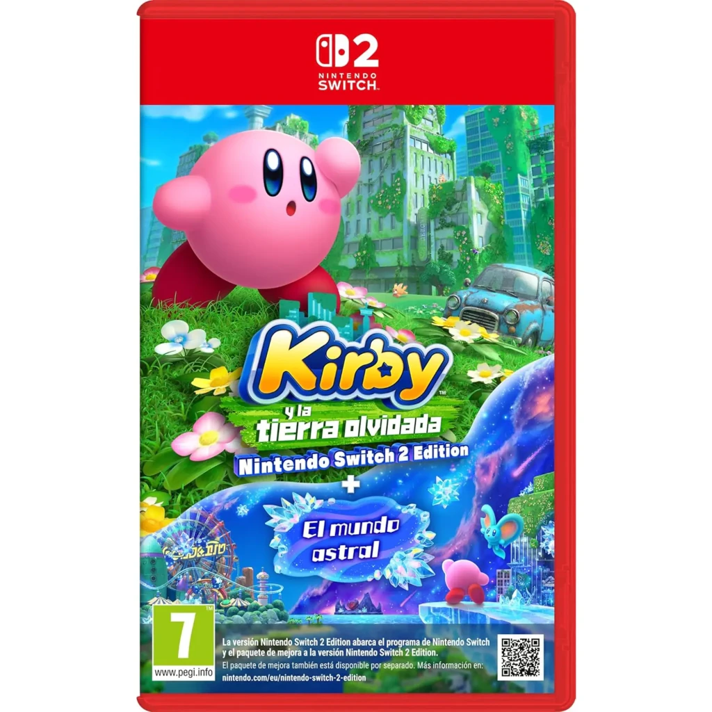 Jeu vidéo Nintendo Kirby and the Forgotten Land Nintendo Switch 2 Edition, vue de face: pochette avec Kirby dans ville