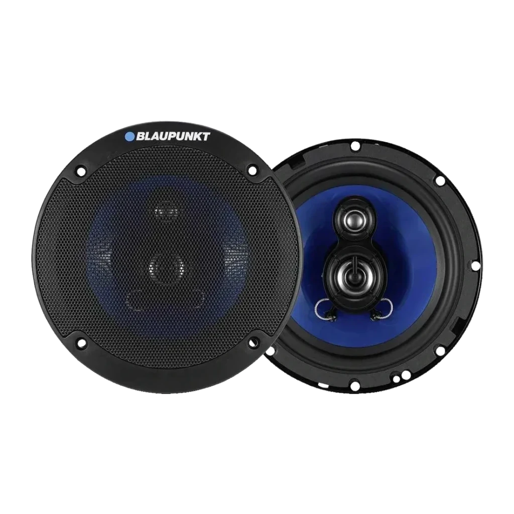 Altavoces de coche Blaupunkt ICx 663 250W máx / 35W RMS, vista frontal: par de altavoces, uno con rejilla negra y logo, otro