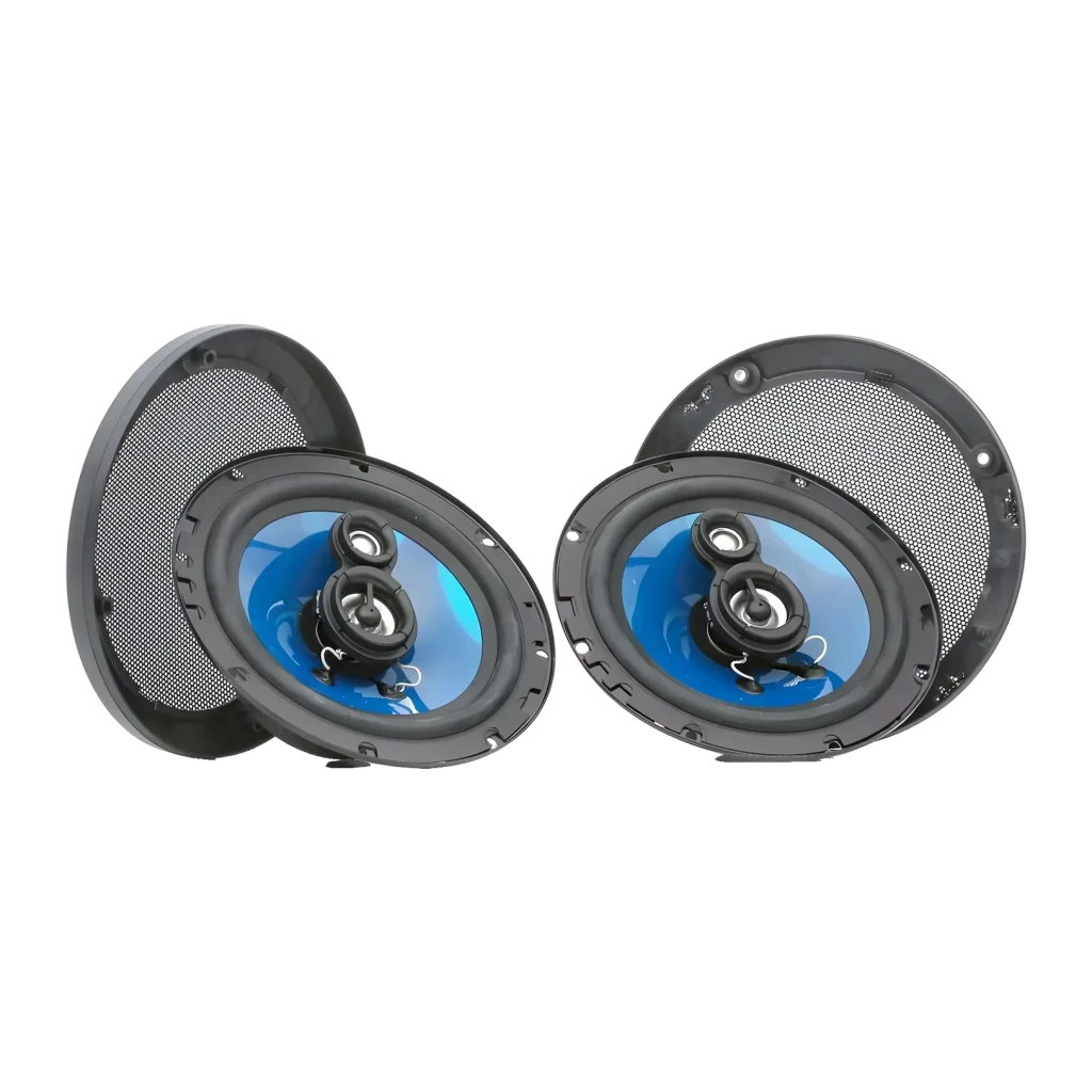Altavoces de coche Blaupunkt ICx 663 250W máx / 35W RMS, detalle: par de altavoces con membrana azul y rejilla metálica