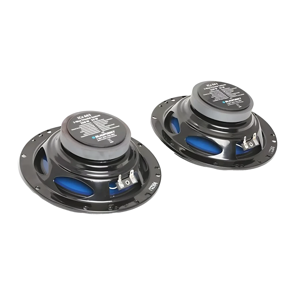 Altavoces de coche Blaupunkt ICx 663 250W máx / 35W RMS, vista trasera: par de altavoces con chasis metálico, etiqueta