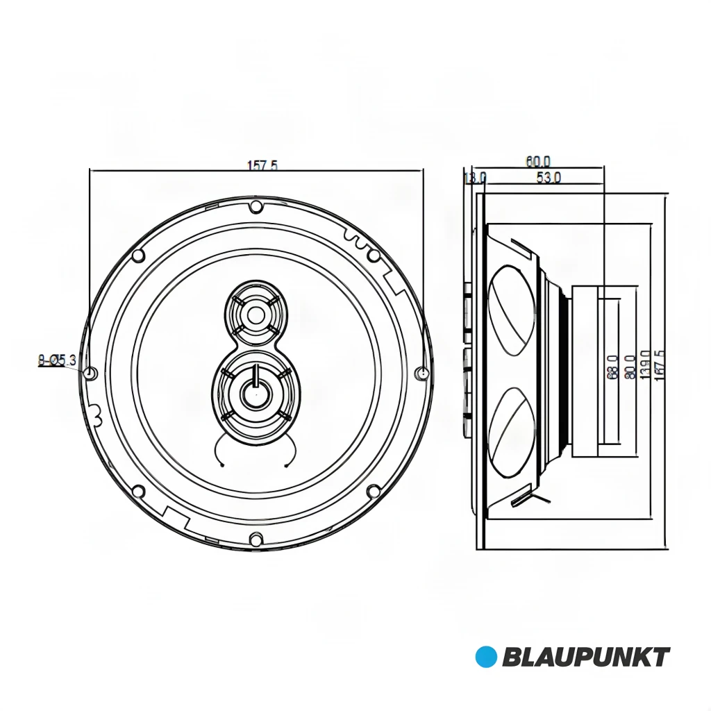 Altavoces de coche Blaupunkt ICx 663 250W máx / 35W RMS, diagrama técnico: vistas frontal y lateral con cotas en mm