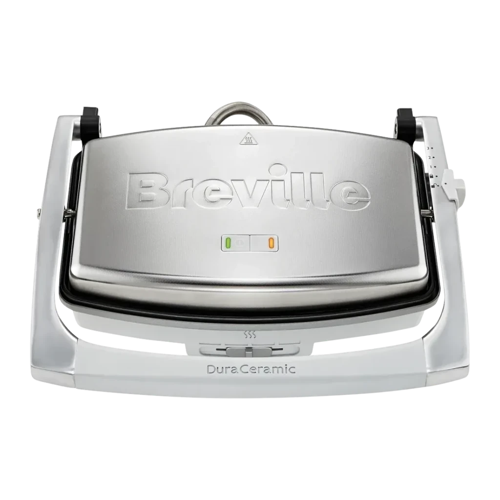 Sandwichera Breville DuraCeramic 1000W 2-3 sándwiches Plata VST071X, vista frontal: tapa de acero cepillado con logo