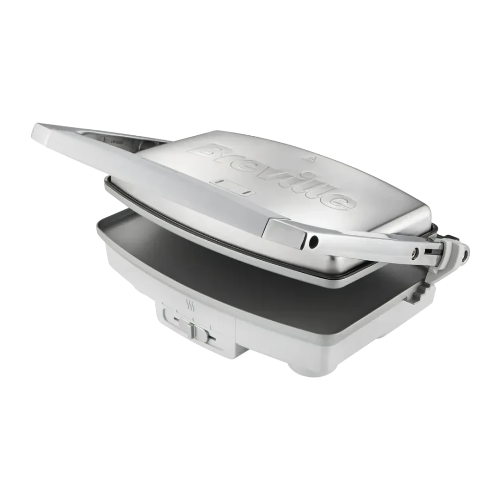 Sandwichera Breville DuraCeramic 1000W 2-3 sándwiches Plata VST071X, detalle: tapa abierta con logo en relieve, bisagra