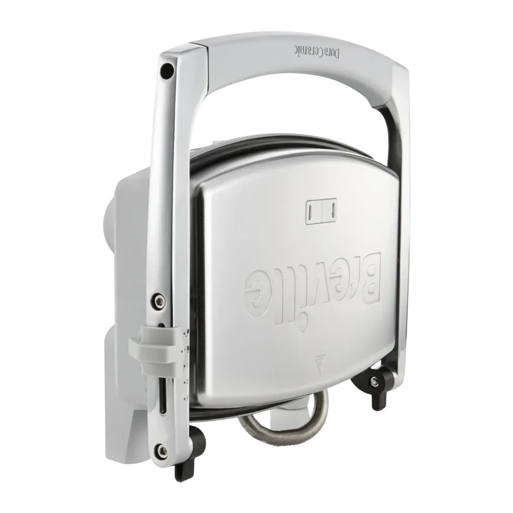 Sandwichera Breville DuraCeramic 1000W 2-3 sándwiches Plata VST071X, detalle: vista trasera con logo en relieve, bisagra