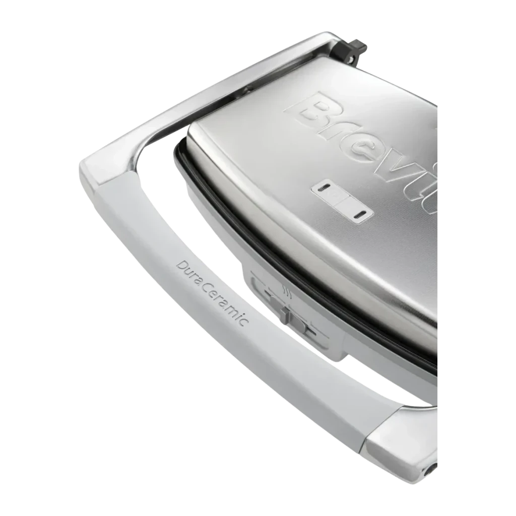 Sandwichera Breville DuraCeramic 1000W 2-3 sándwiches Plata VST071X, detalle: asa con grabado DuraCeramic y tapa superior