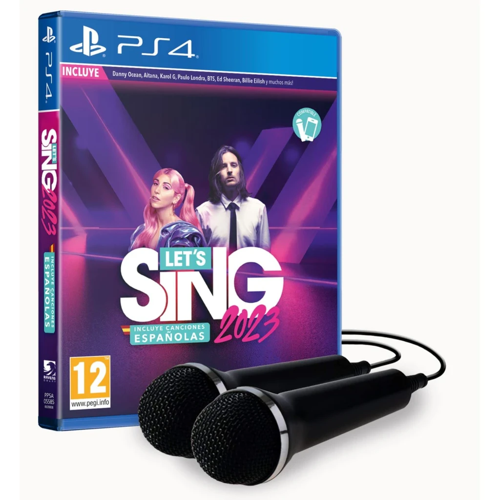 Jogo Ravenscourt Let's Sing 2023, que inclui canções espanholas + 2 microfones para PS4, vista frontal: caixa PS4 com dois