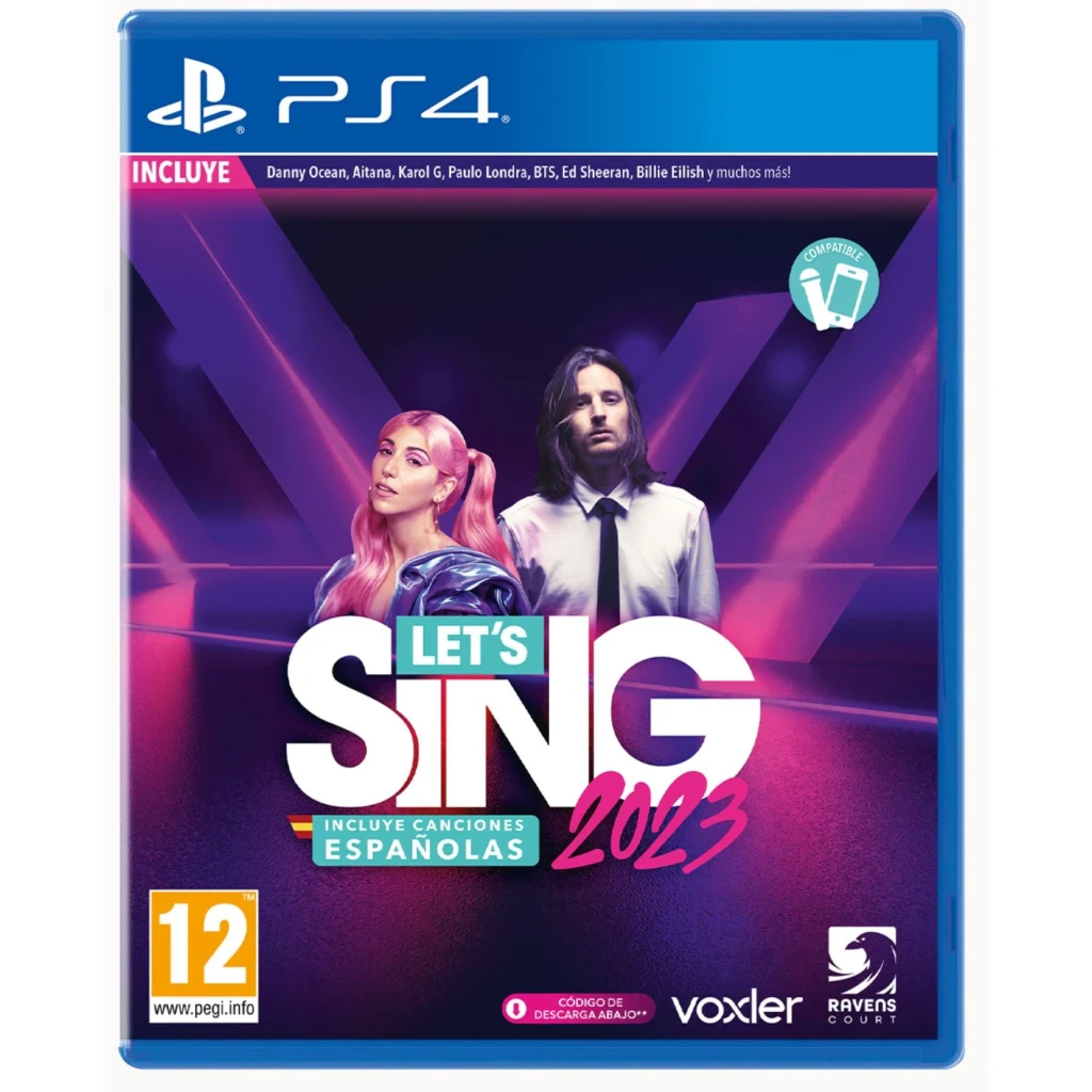 Jogo Ravenscourt Let's Sing 2023, que inclui canções espanholas + 2 microfones para PS4, detalhe: capa frontal com dois