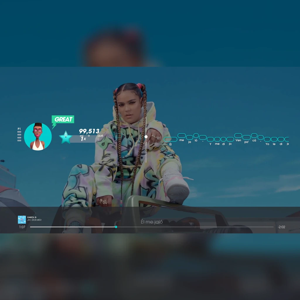 Jogo Ravenscourt Let's Sing 2023, que inclui canções espanholas + 2 microfones para PS4, em uso: ecrã de jogo com Karol G