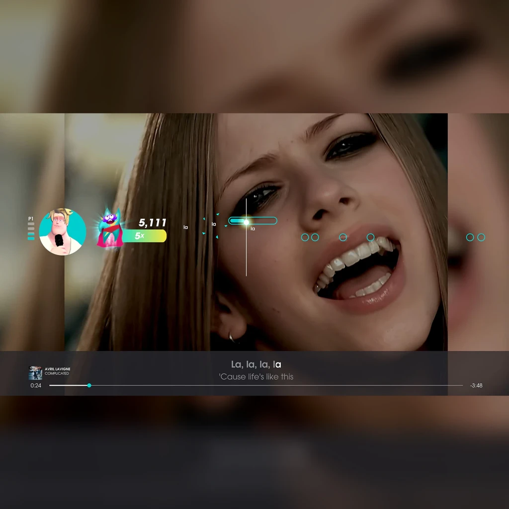 Jogo Ravenscourt Let's Sing 2023, que inclui canções espanholas + 2 microfones para PS4, em uso: ecrã de jogo com videoclipe