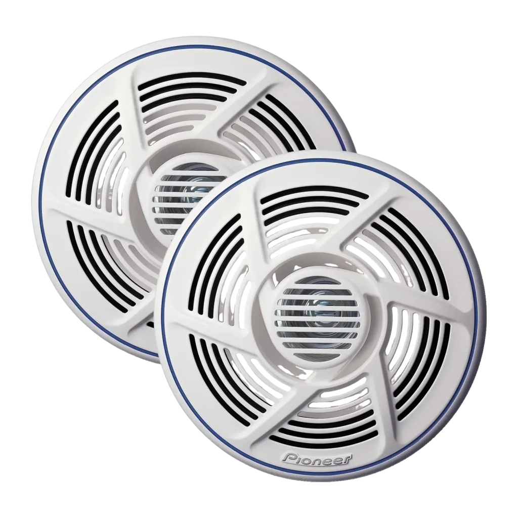 Altavoces marinos Pioneer 25W RMS 2 vías 16cm Blanco TS-MR1600, vista frontal: par de altavoces blancos con rejilla circular