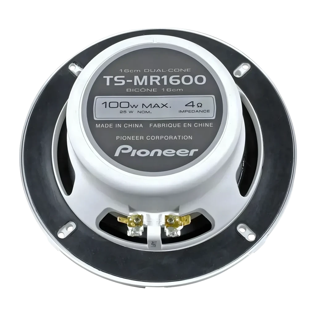 Altavoces marinos Pioneer 25W RMS 2 vías 16cm Blanco TS-MR1600, vista trasera: etiqueta con modelo, potencia 100W máx