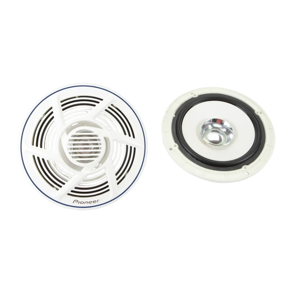Altavoces marinos Pioneer 25W RMS 2 vías 16cm Blanco TS-MR1600, detalle: rejilla frontal con logo y cono trasero con tweeter