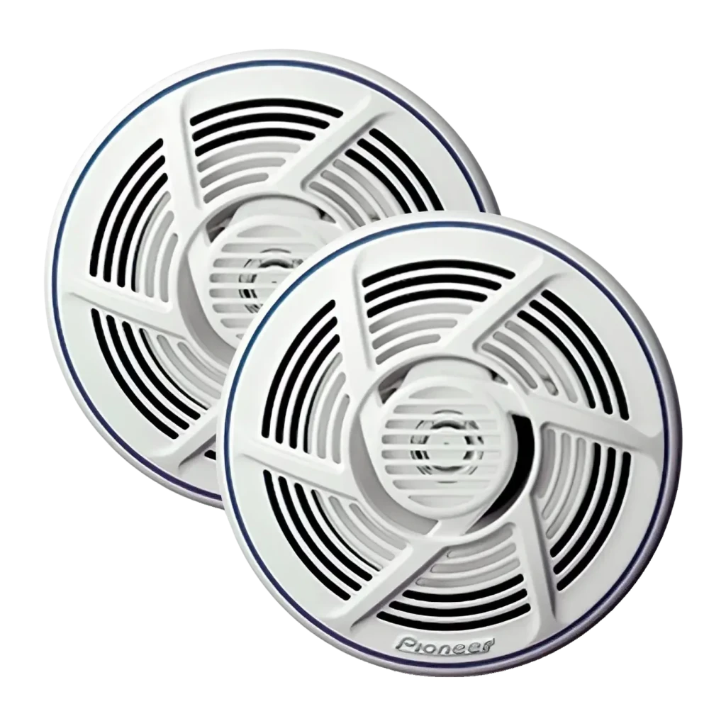 Altavoces marinos Pioneer 30W RMS 2 vías 16cm Blanco TS-MR1640, vista frontal: par de altavoces con rejilla blanca, ribete