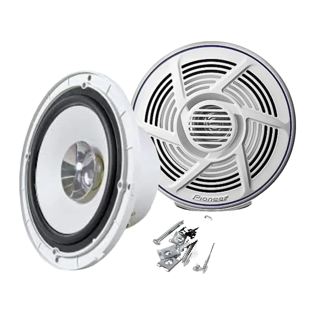 Altavoces marinos Pioneer 30W RMS 2 vías 16cm Blanco TS-MR1640, detalle: par visto por delante y trasera, rejilla, cono
