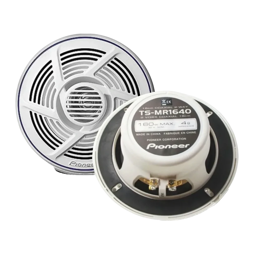 Altavoces marinos Pioneer 30W RMS 2 vías 16cm Blanco TS-MR1640, detalle: frontal con rejilla y trasera con etiqueta