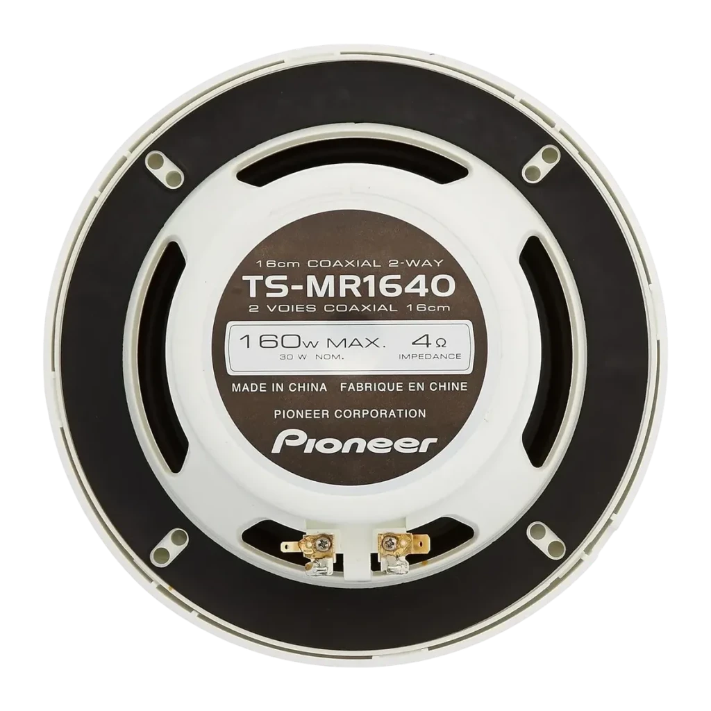 Altavoces marinos Pioneer 30W RMS 2 vías 16cm Blanco TS-MR1640, vista trasera: etiqueta con modelo, potencia y terminales