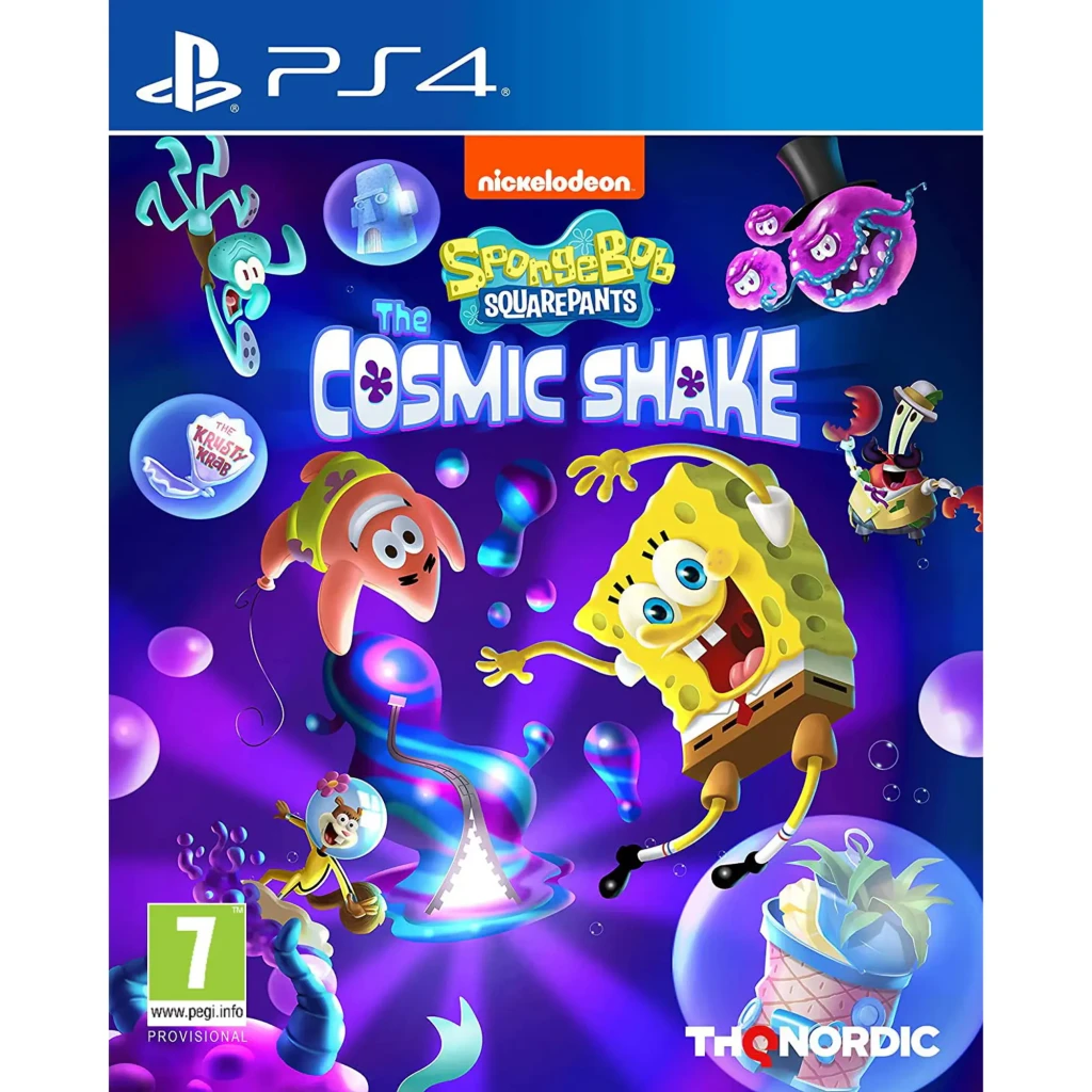 Videojogo THQ Nordic Bob Esponja: The Cosmic Shake Standard PS4, vista frontal: capa com Bob Esponja, Patrícia e personagens