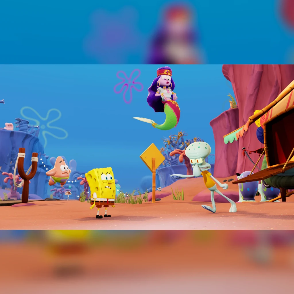 Videojogo THQ Nordic Bob Esponja: The Cosmic Shake Standard PS4, em uso: captura de gameplay com Bob, Patrick, Squidward
