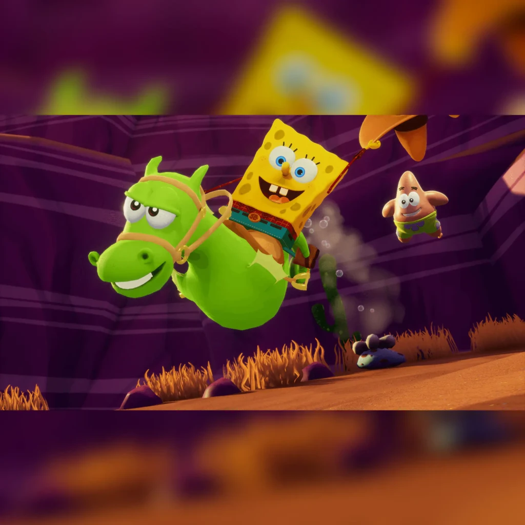 Videojogo THQ Nordic Bob Esponja: The Cosmic Shake Standard PS4, em uso: Bob Esponja cavalga criatura verde com Patrick