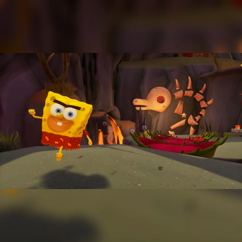 Videojogo THQ Nordic Bob Esponja: The Cosmic Shake Standard PS4, em uso: Bob Esponja pré-histórico a correr em cenário