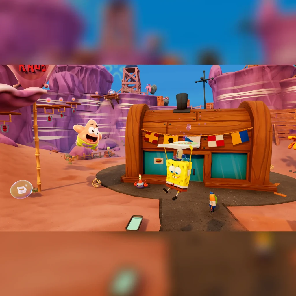 Videojogo THQ Nordic Bob Esponja: The Cosmic Shake Standard PS4, em uso: Bob Esponja e Patrick junto ao Krusty Krab