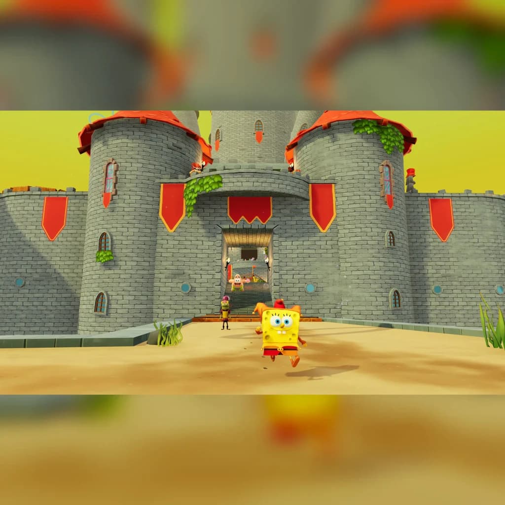 Videojogo THQ Nordic Bob Esponja: The Cosmic Shake Standard PS4, em uso: Bob Esponja corre para um castelo medieval