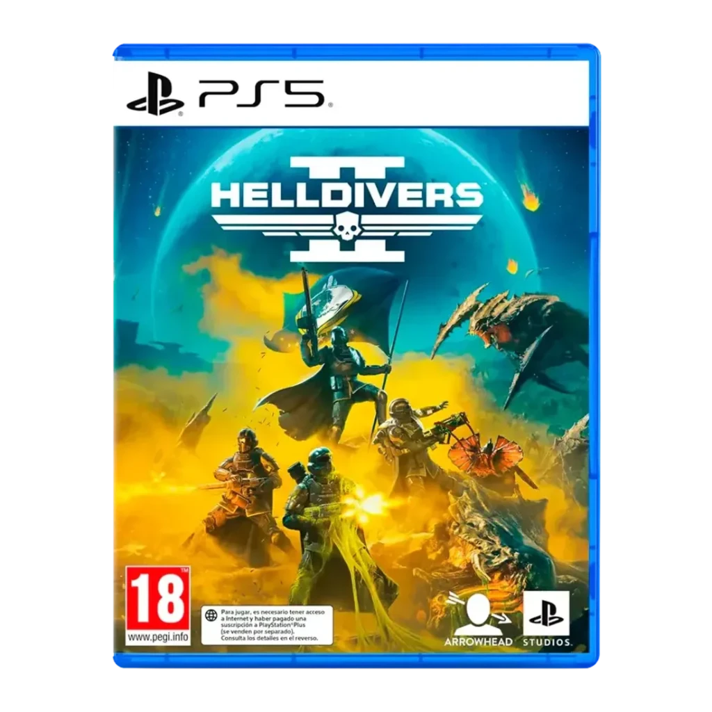 Videojuego Sony Helldivers 2 PS5, vista frontal: carátula con soldados en combate, planeta y logo Helldivers II