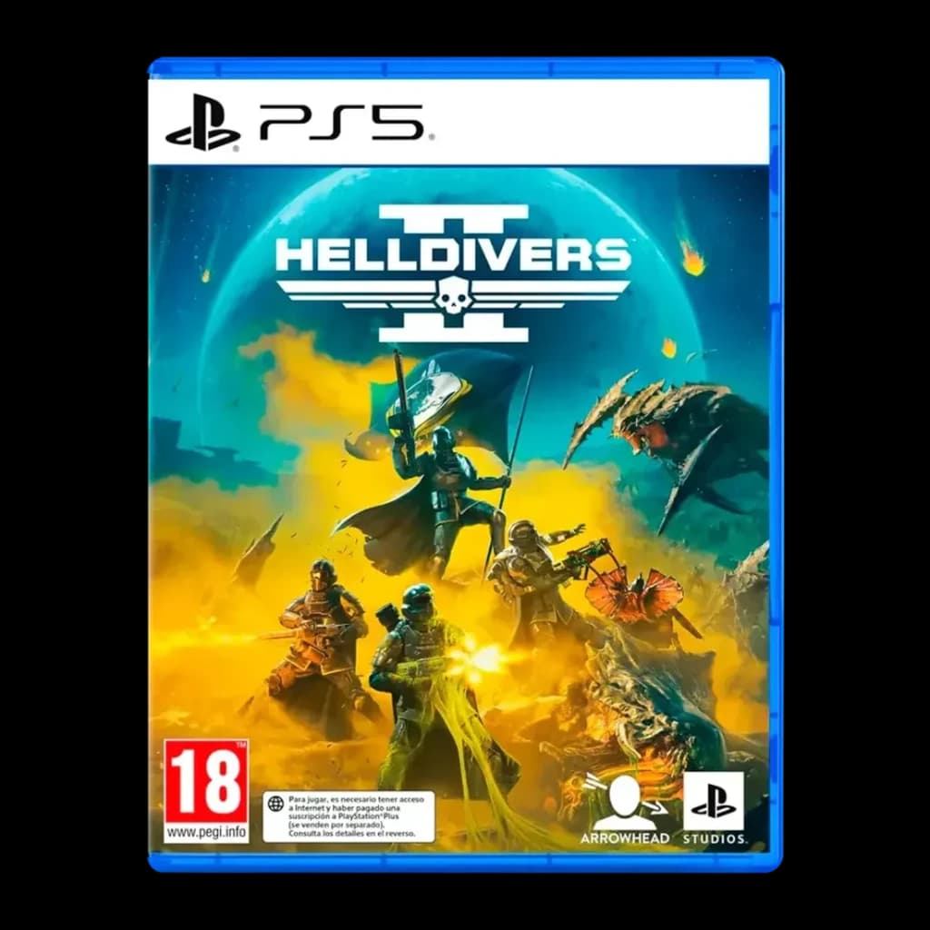 Videojuego Sony Helldivers 2 PS5, vista frontal: carátula con soldados en combate, planeta y logo Helldivers II