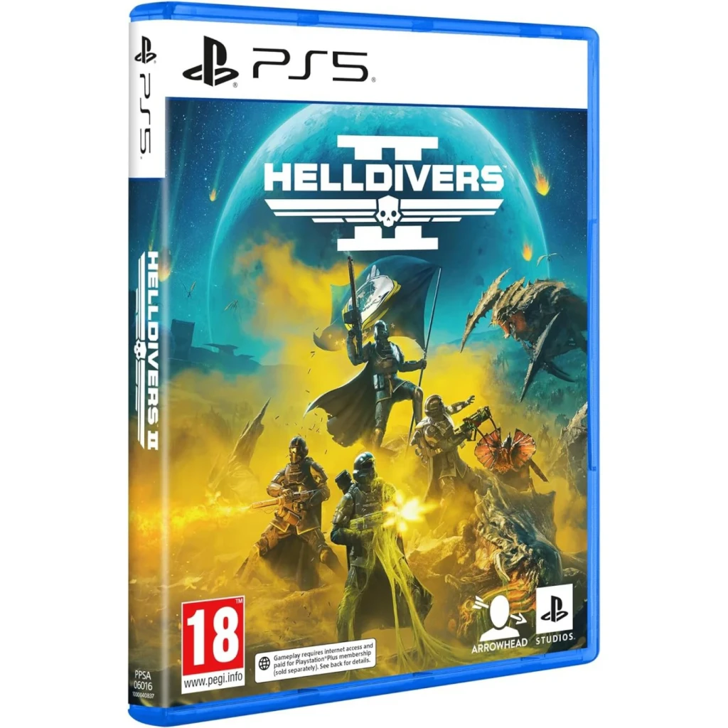 Videojuego Sony Helldivers 2 PS5, detalle: carátula frontal con soldados, aliens y logo del juego en caja azul PS5