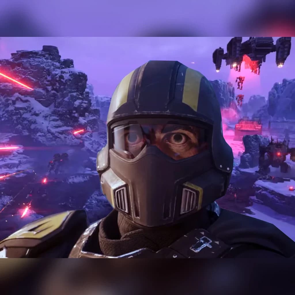 Videojuego Sony Helldivers 2 PS5, en uso: soldado con casco en primer plano y batalla alienígena al fondo