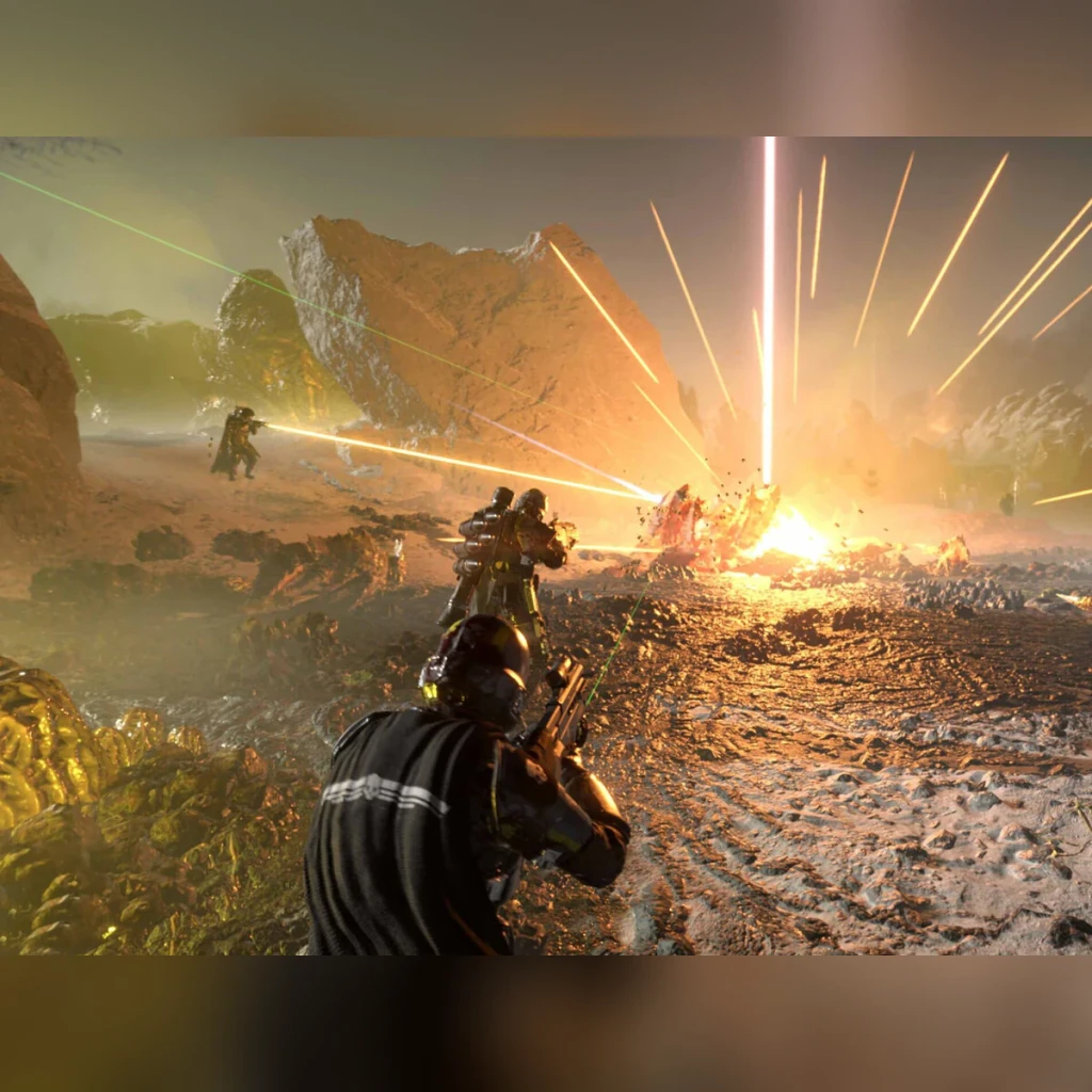 Videojuego Sony Helldivers 2 PS5, en uso: soldados disparando rayos láser en planeta alienígena con explosiones