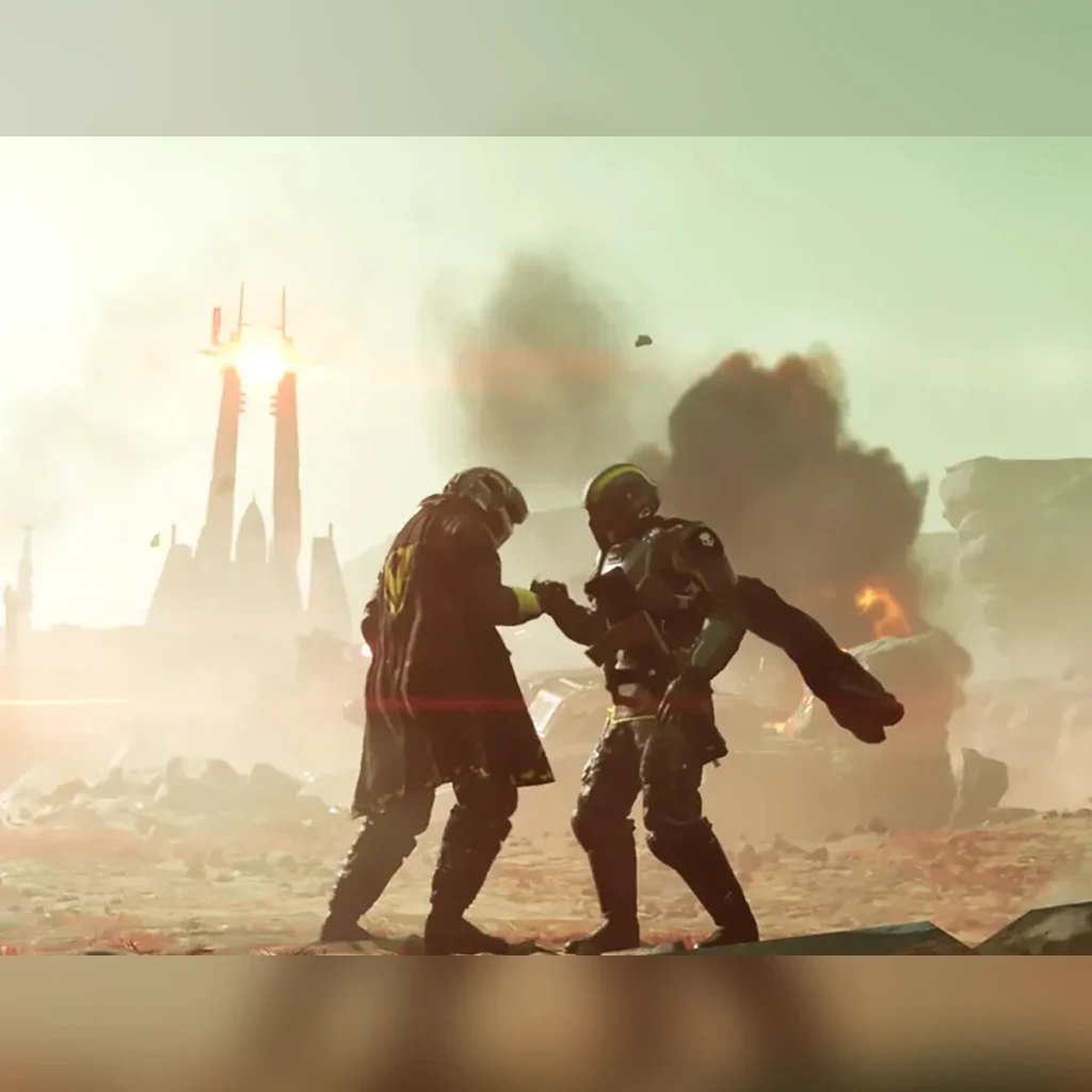 Videojuego Sony Helldivers 2 PS5, en uso: dos soldados se saludan en campo de batalla con explosiones y torre al fondo