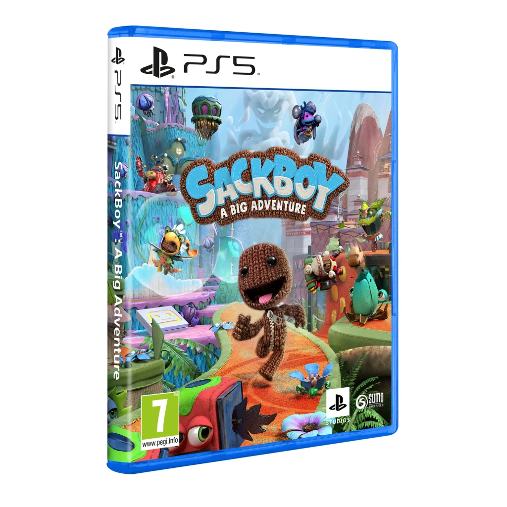 Jeu vidéo Sony Sackboy: A Big Adventure Standard PS5, vue de face: boîte blu-ray avec Sackboy et personnages dans une scène