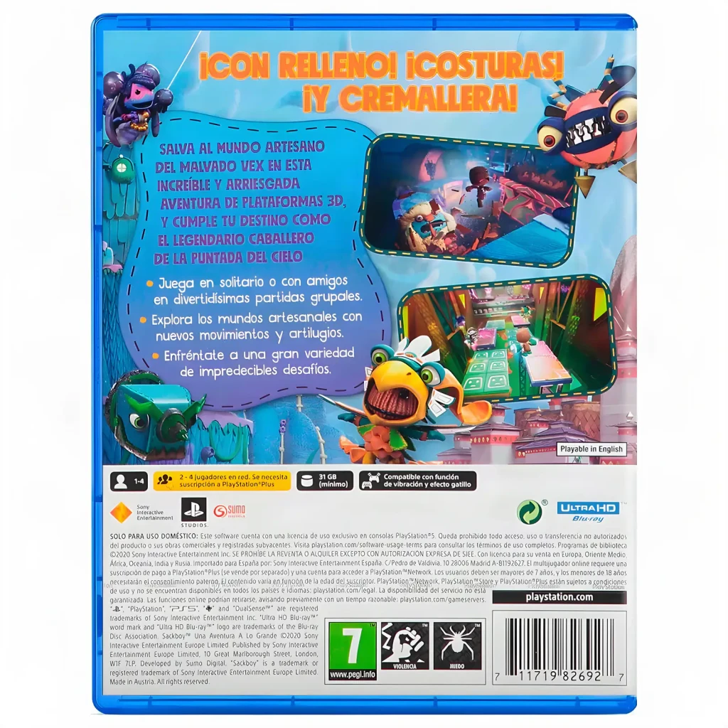 Jeu vidéo Sony Sackboy: A Big Adventure Standard PS5, vue arrière: boîte avec description, captures d'écran