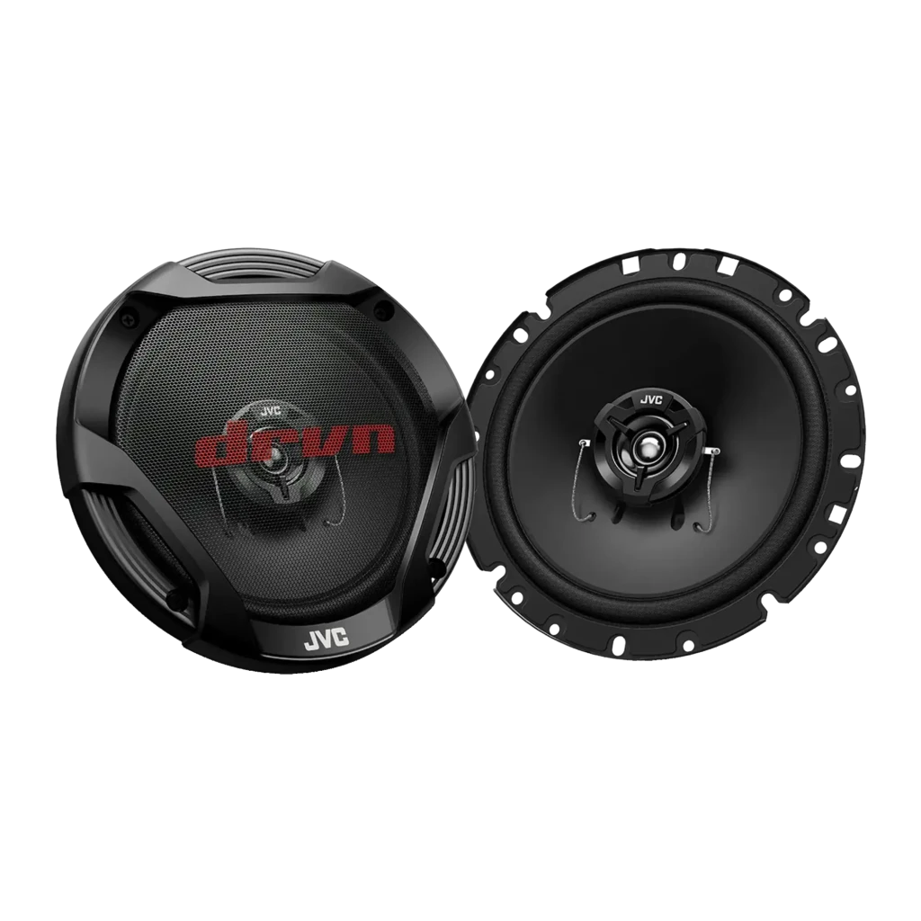 Altavoces para coche JVC 2 Vías 50W RMS Negro CS-DR1722, vista frontal: par de altavoces, uno con rejilla y logo rojo, otro