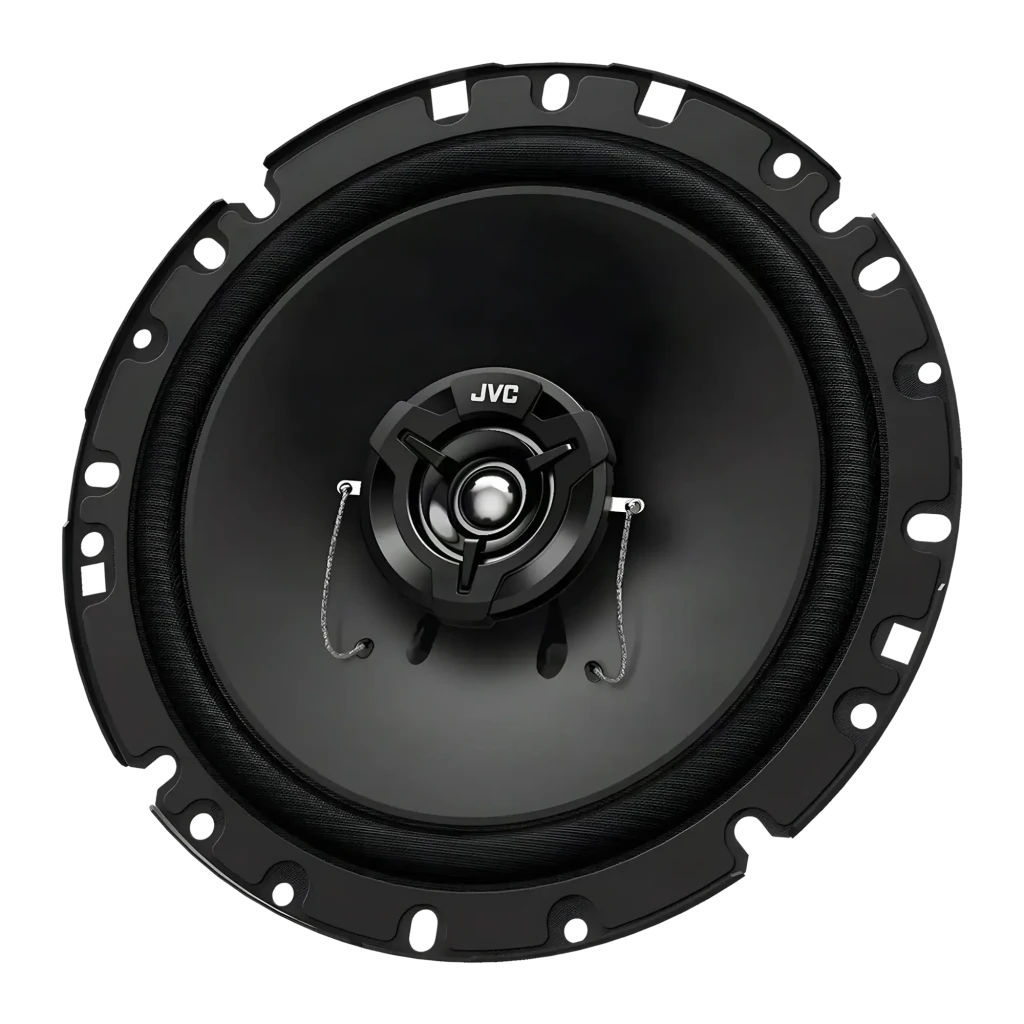 Altavoces para coche JVC 2 Vías 50W RMS Negro CS-DR1722, detalle: vista frontal del cono, tweeter central con logo JVC
