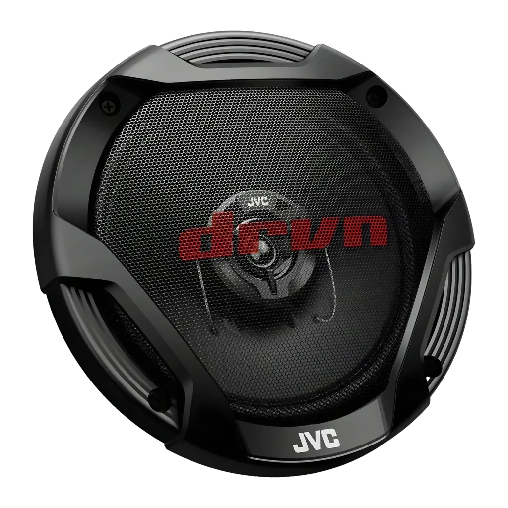 Altavoces para coche JVC 2 Vías 50W RMS Negro CS-DR1722, detalle: rejilla frontal, tweeter central y logo JVC en fondo oscuro