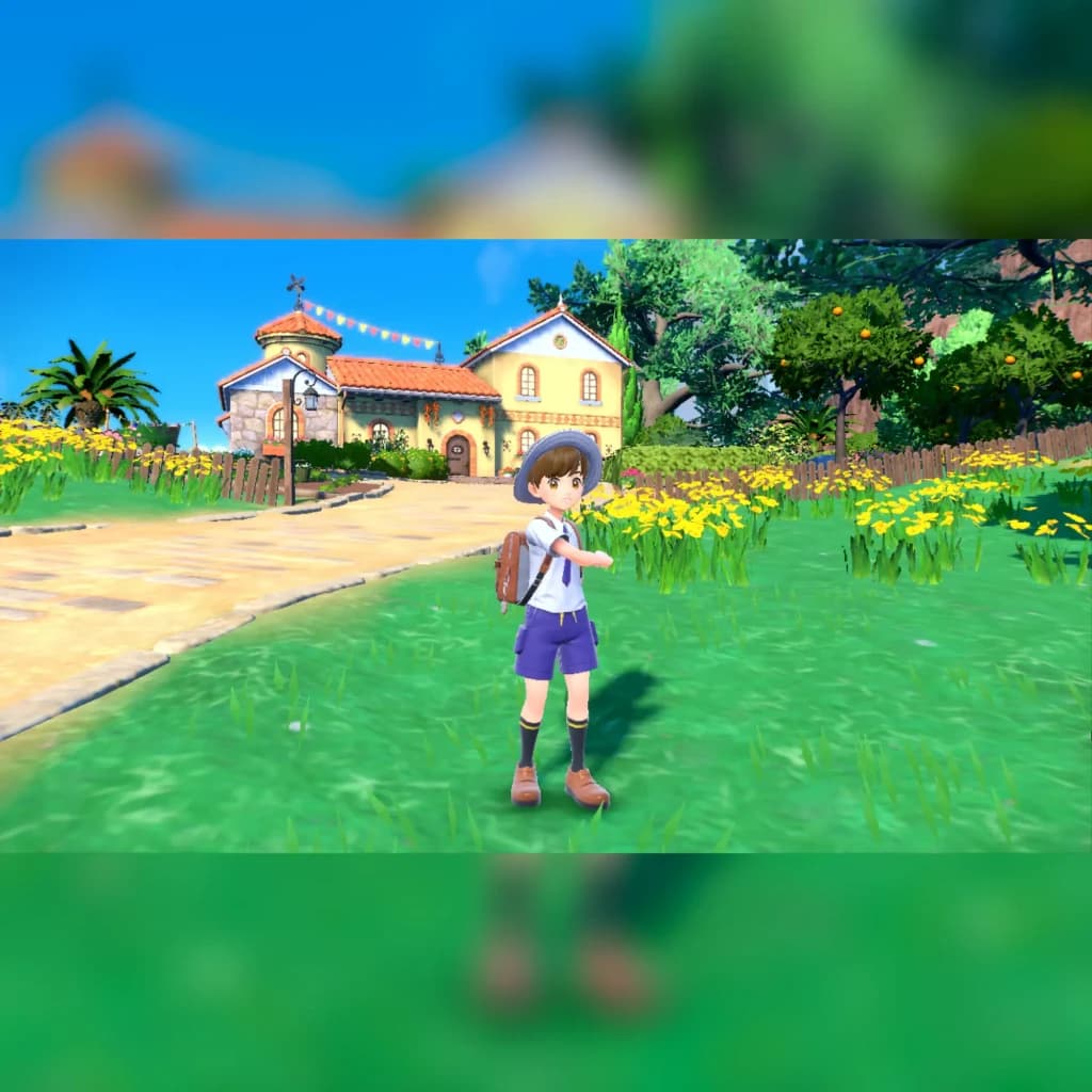 Jeu Nintendo Pokémon Violet pour Switch (version standard), en jeu: protagoniste dans village ensoleillé avec fleurs jaunes
