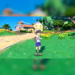 Jeu Nintendo Pokémon Violet pour Switch (version standard), en jeu: protagoniste dans village ensoleillé avec fleurs jaunes