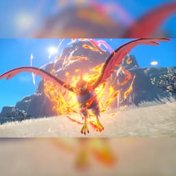 Jeu Nintendo Pokémon Violet pour Switch (version standard), en cours: Miraidon en flammes ailes déployées devant montagne