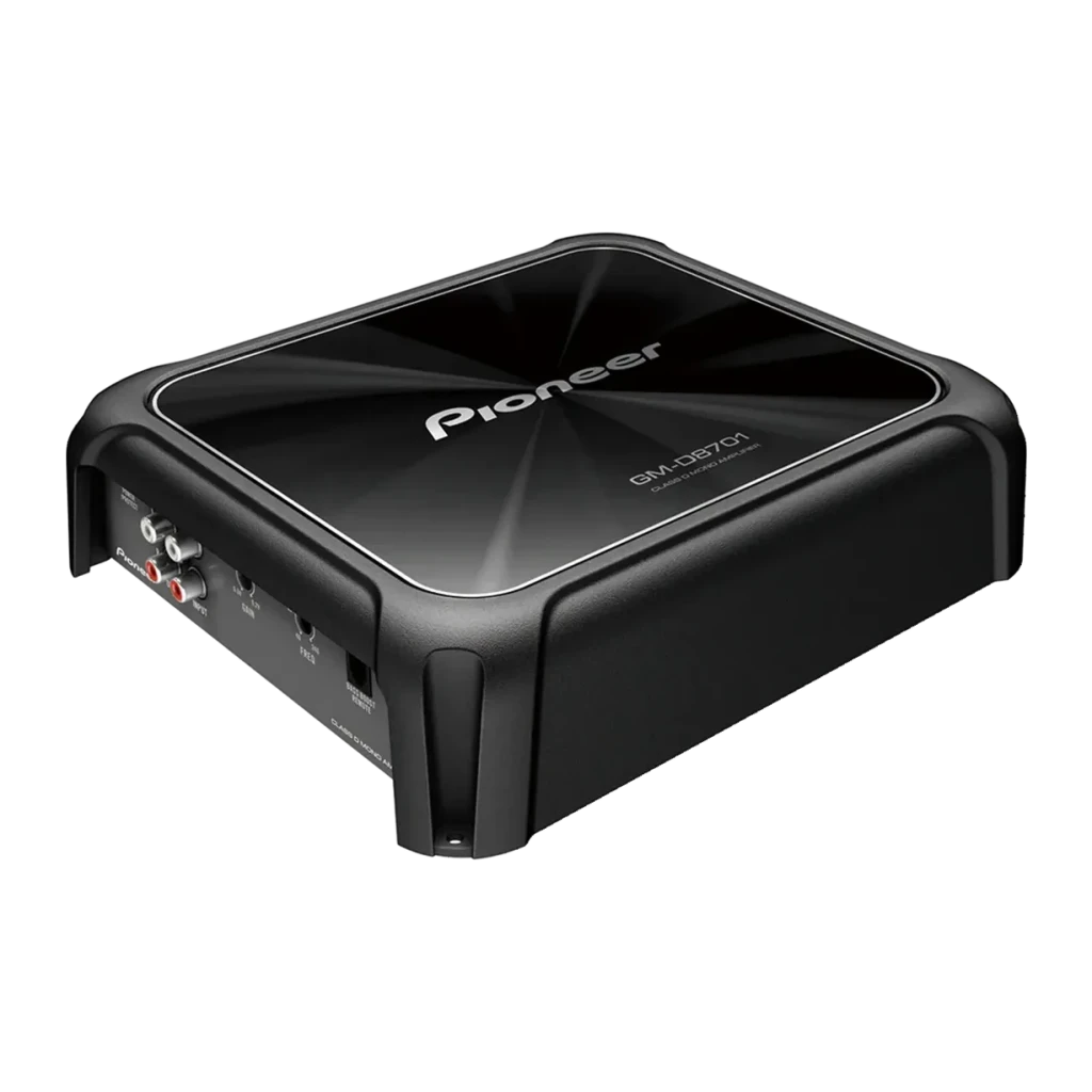 Amplificateur auto Pioneer 1 canal (Monocanal) Pour Subwoofer 1600W Classe D Noir GM-D8701, vue de face: boîtier compact