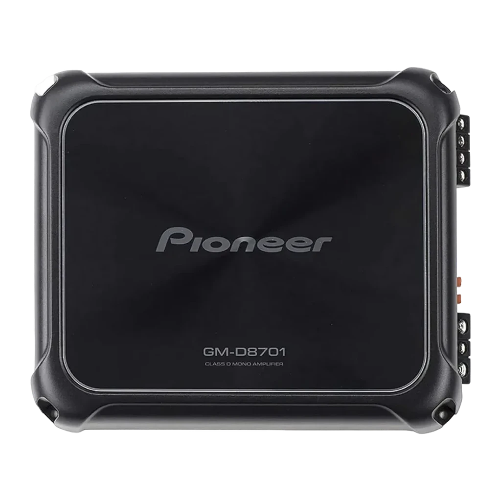 Amplificateur auto Pioneer 1 canal (Monocanal) Pour Subwoofer 1600W Classe D Noir GM-D8701, détail: vue du dessus avec logo