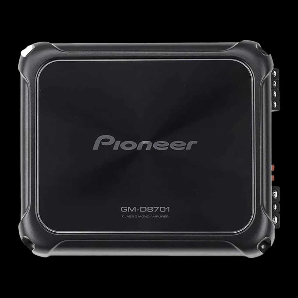 Amplificateur auto Pioneer 1 canal (Monocanal) Pour Subwoofer 1600W Classe D Noir GM-D8701, détail: vue du dessus avec logo