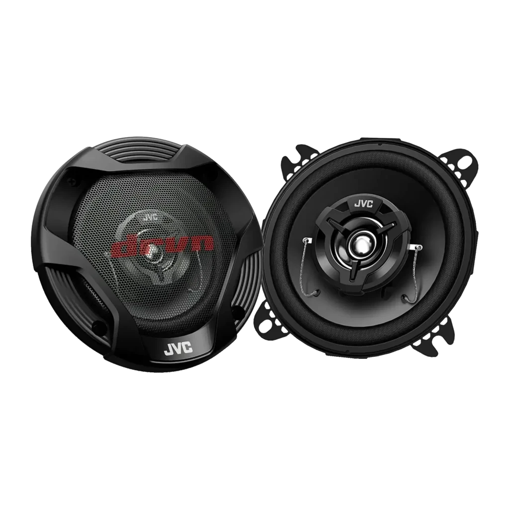 Altavoces para coche JVC 30W RMS 2 vías 10cm Negro CS-DR422, vista frontal: par de altavoces, uno con rejilla y otro