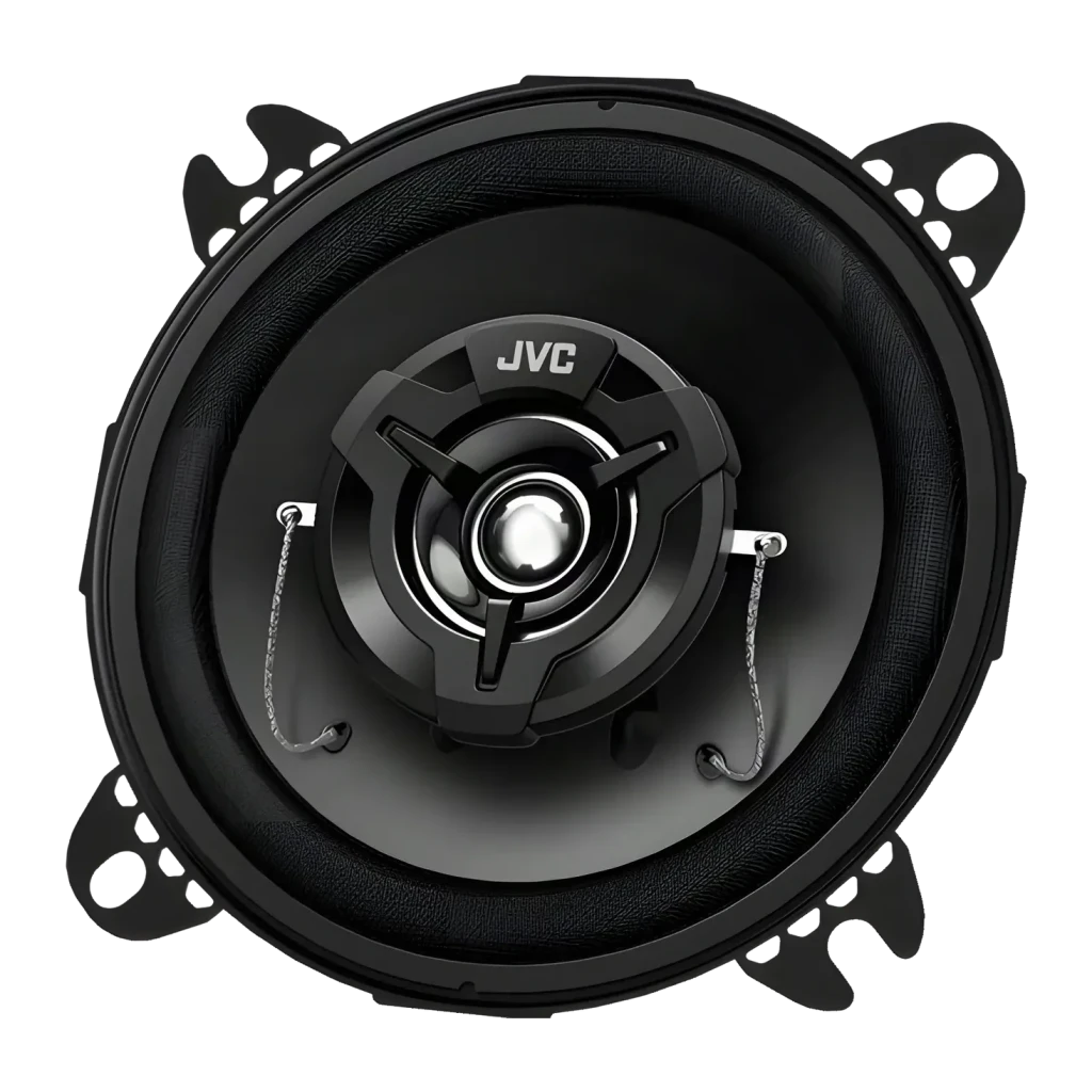 Altavoces para coche JVC 30W RMS 2 vías 10cm Negro CS-DR422, detalle: vista frontal del cono, tweeter central y logo JVC
